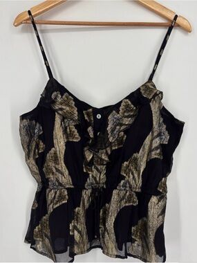 Anthropologie Black and Gold Metallic Leaf Ruffle Tank Top (see notes)
